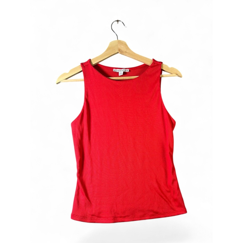 Haute Monde Womens Red Ribbed Sleeveless Tank Top Crew Neck Small